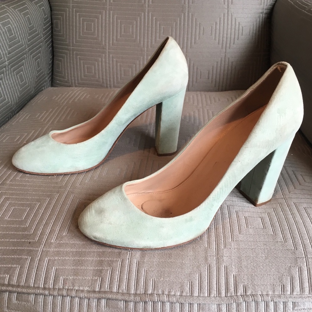 Pistachio J Crew Suede Block Heel Pumps